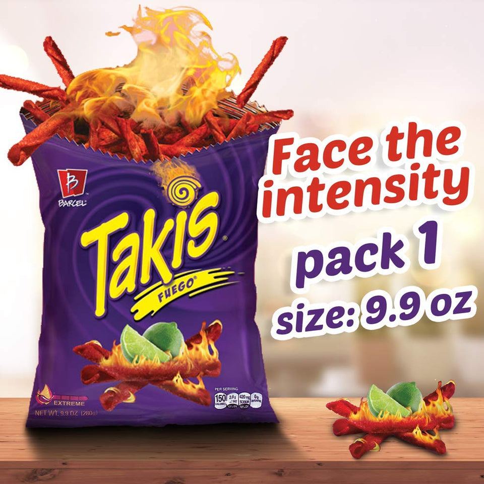 Barcel Takis Fuego Hot Chili Pepper & Lime Flavored Corn Tortilla Chips Snacks One 9.9 oz Bag