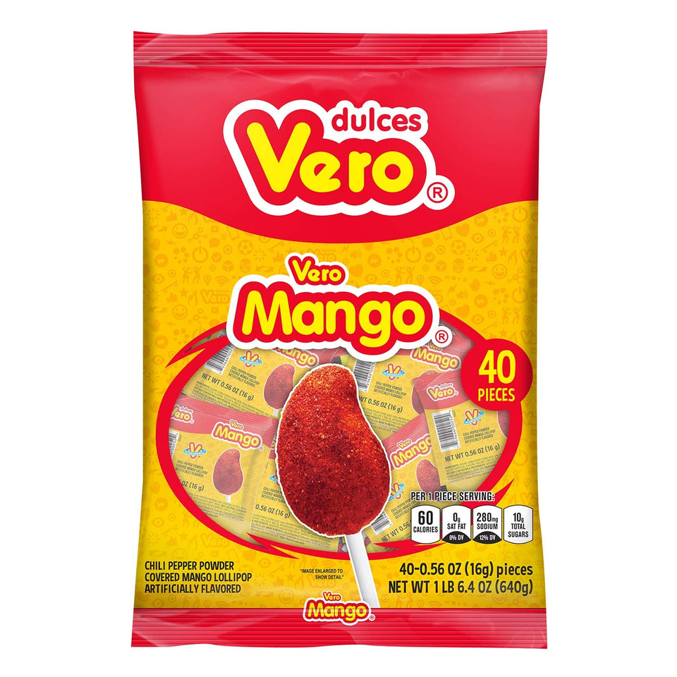 Vero Mango, Chili Covered Mango Flavored Lollipops, 40 Pieces