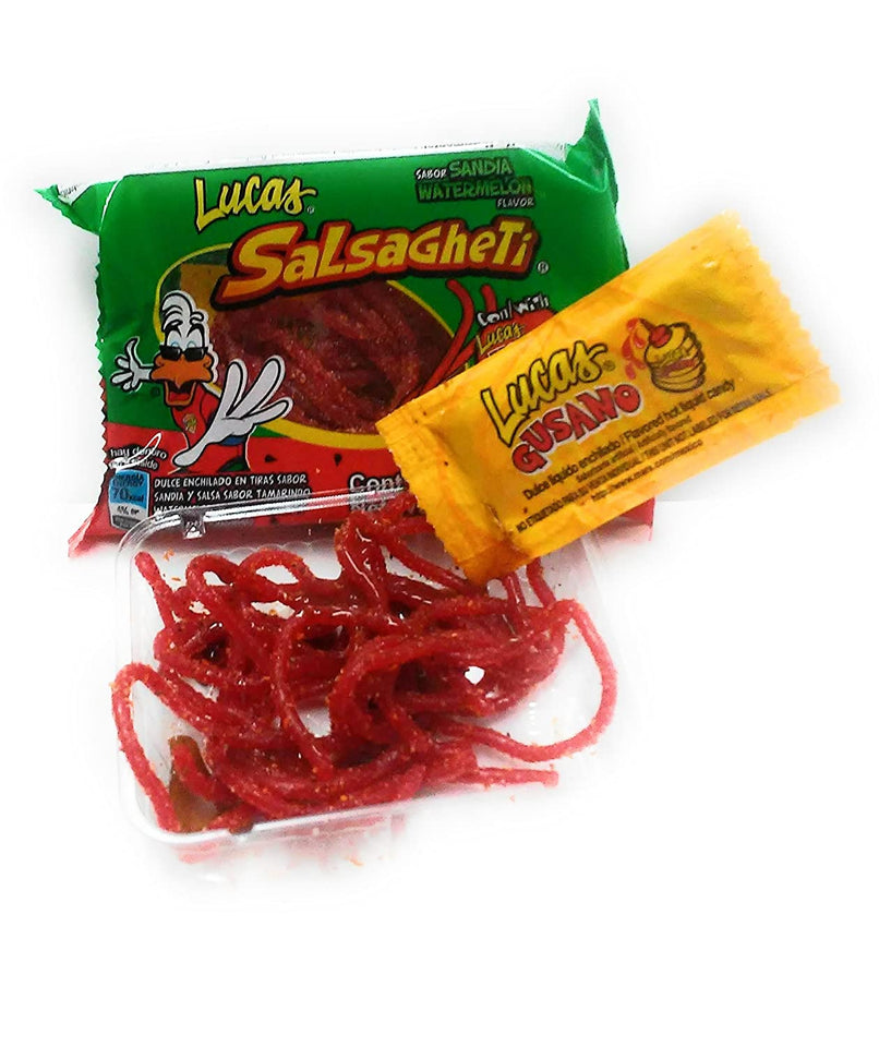 Lucas Salsagheti Watermelon Flavor with Gusanos Tamarind Flavor Sauce, 0.85 oz, 24 package box