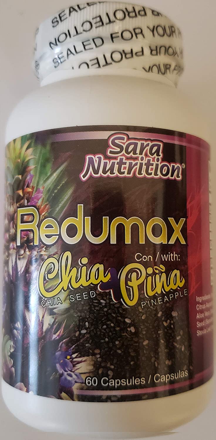 Redumax with Chia Seed Pineapple Flax Seed Adelgazante Weight Loss More Energy Omega 3, 6 Fiber Detox Cactus Fennel Seeds Alfalfa Aloe Vera Citrus aurantium 60 Capsules