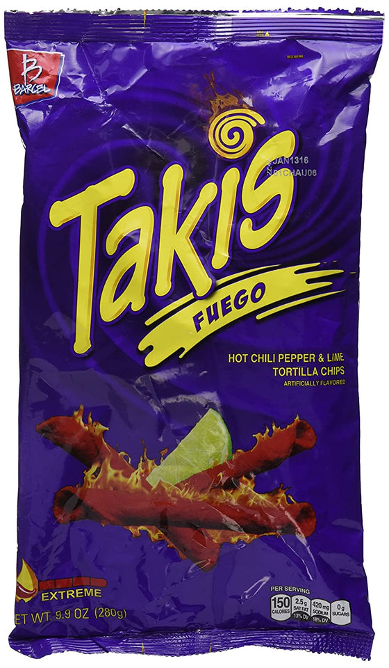 Bracel, Takis, Fuego Hot Chili Pepper & Lime Tortilla Chips, 9.9-Ounce Bag(280g), pack of 2