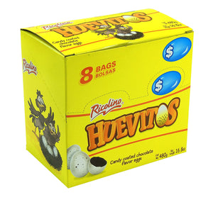 RICOLINO HUEVITOS CANDY COATED CHOCOLATE FLAVOR EGGS 2.1 OZ / 8 BAGS 16.8 OZ