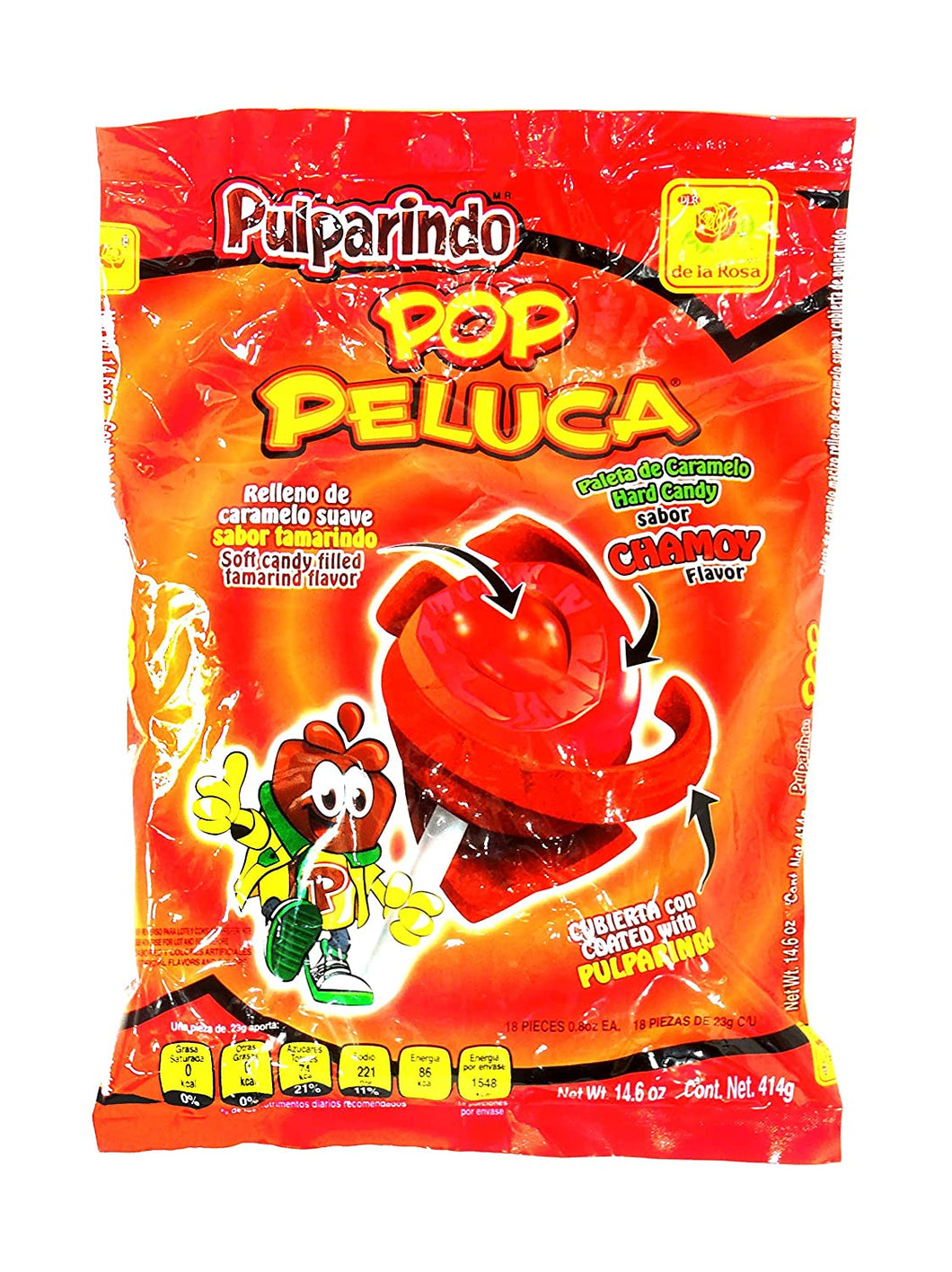 de la Rosa Pulparindo Pop Peluca sabor CHAMOY flavor 14.6 oz bag
