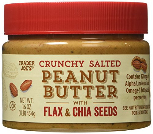 Trader Joe's Crunchy Salted Peanut Butter with Flax and Chia Seeds 2 Pack 16 Oz Jars